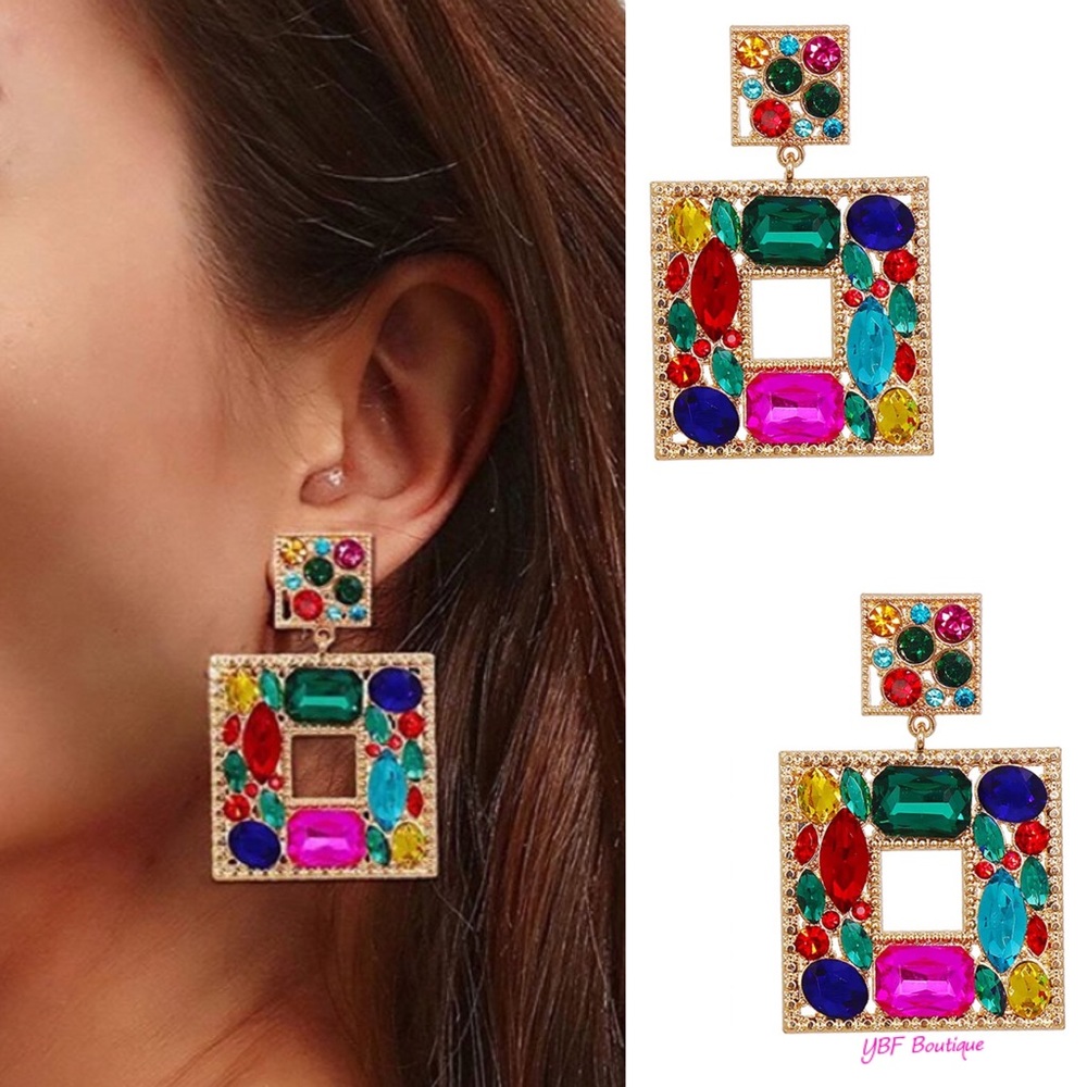 New Blue & Pink Multicolor Jewel Rhinestone Post Drop Statement Fashion Earrings